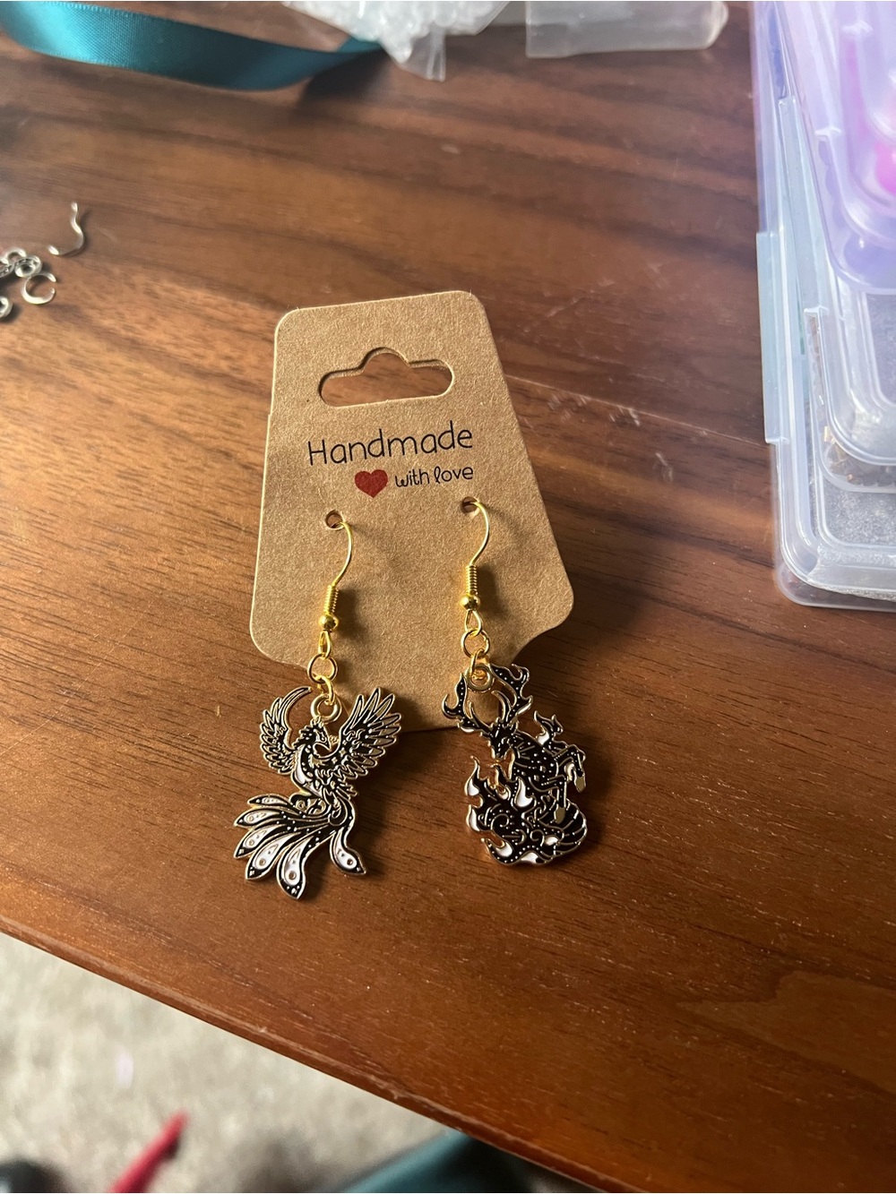 Handmade Phoenix and Dragon Dangle Earrings - Silver and Gold Tones